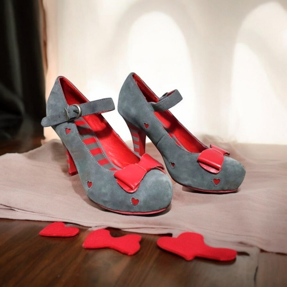 Gray and Red Heart Accent Heels